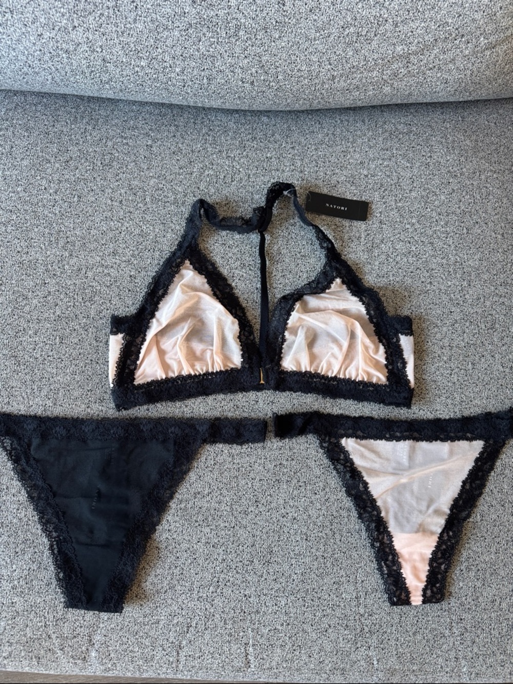Natori Speechless Black & Cameo Rose Lace Triangle Bralette and Matching Briefs